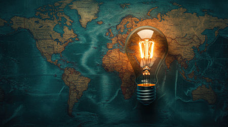 A lightbulb floating over a world map, symbolizing innovative global business ideas.の素材