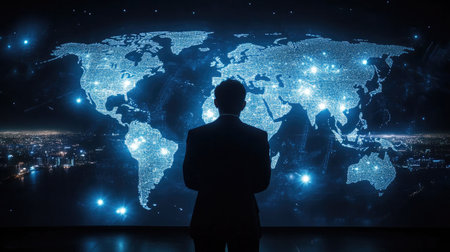 A businessman using a holographic world map to analyze global business opportunities.の素材
