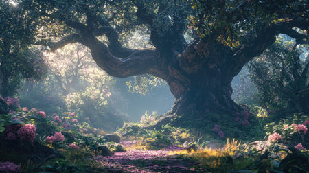 A fairytale forest scene with ancient, gnarled trees, vibrant vegetation, and soft light creating an atmosphere of enchantment and mysteryの素材