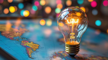 A lightbulb over a world map, symbolizing innovative business ideas worldwide.の素材