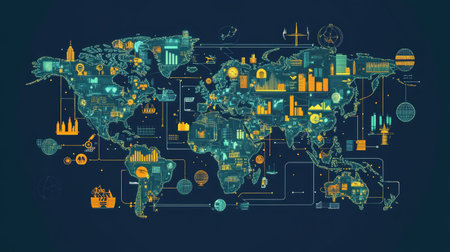 A digital world map with icons representing various industries and business opportunities.の素材