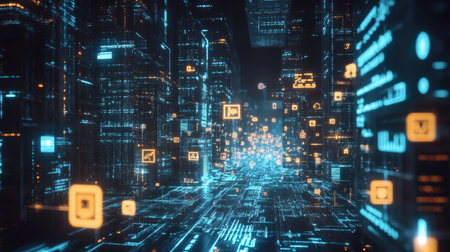 A futuristic city with glowing icons representing business ideas and innovation.の素材