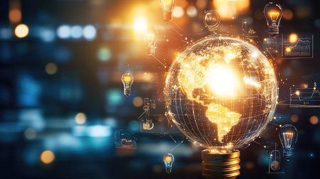A globe surrounded by lightbulbs and business icons, symbolizing global innovation.の素材
