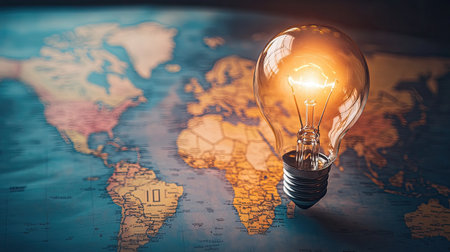 A lightbulb floating over a world map, symbolizing innovative global business ideas.の素材