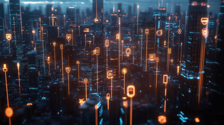 A futuristic cityscape with glowing icons representing business ideas around the world.の素材