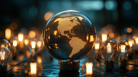 A globe surrounded by lightbulbs, symbolizing the spread of business ideas worldwide.の素材