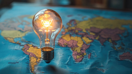A lightbulb floating over a world map, symbolizing innovative global business ideas.の素材
