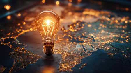 A lightbulb glowing over a map of the world, symbolizing global entrepreneurship.の素材