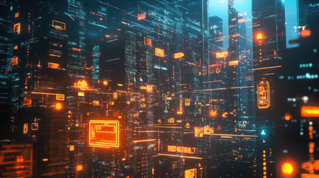 A futuristic cityscape with glowing icons representing business ideas around the world.の素材