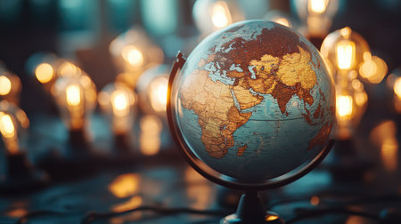 A globe surrounded by lightbulbs, symbolizing the spread of business ideas worldwide.の素材