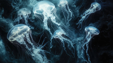 A mesmerizing scene of glowing jellyfish drifting through dark, inky water, their luminescent tendrils gently swaying, creating a serene and enchanting underwater spectacle.の素材