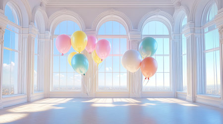 A room filled with soft light and colorful balloons, with large windows showcasing a clear blue sky and a tranquil landscapeの素材