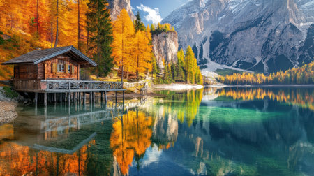 A picturesque view of Lake Braies, nestled among the rugged peaks of the Dolomites, with vibrant autumn colors reflected in the crystal-clear waters.の素材