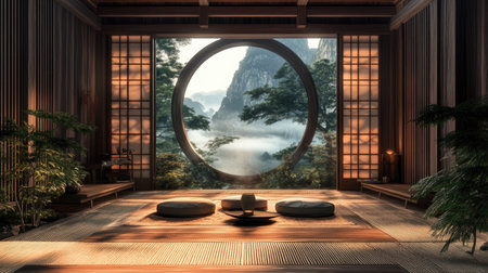 A serene interior with traditional tatami flooring, wooden furnishings, and a circular window offering a view of a peaceful, misty landscape.の素材