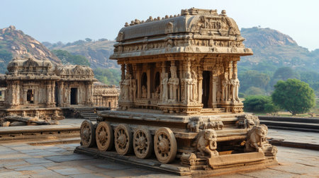 The ancient ruins of Hampi, showcasing the impressive stone chariot and intricately carved temples.の素材