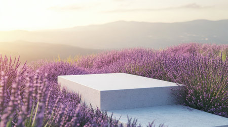 A small, empty podium in a tranquil landscape, surrounded by soft grasses and lavender, ideal for serene presentations.の素材