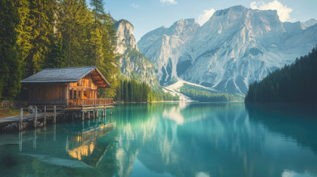 A serene view of Lake Braies surrounded by towering mountains and dense forests, reflecting the calm, turquoise waters. A perfect nature escape in the heart of the Dolomites.の素材