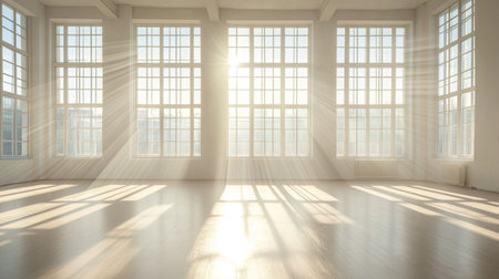 An empty room with large, bright windows filling the space with soft daylight, creating a calm and peaceful atmosphere.の素材