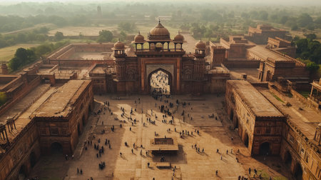 The historical ruins of Fatehpur Sikri, highlighting the Buland Darwaza and the grand courtyards.の素材