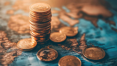A stack of coins on a global map, symbolizing international business growth.の素材