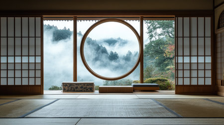 A peaceful Japanese room with tatami flooring, wooden furniture, and a large circular window opening to a tranquil, misty view.の素材
