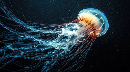 Glowing jellyfish with long, flowing tendrils float effortlessly in the dark abyss, casting a surreal glow that illuminates the surrounding water. A serene yet haunting underwater view.の素材