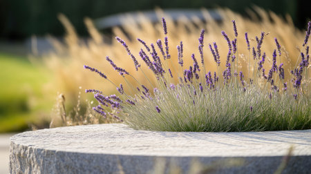 Close-up of a minimalist round podium with delicate lavender and ornamental grasses, perfect for a natural, calming display.の素材