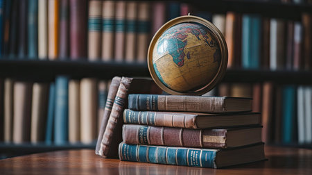 A stack of business books and a globe, symbolizing learning and implementing global business ideas.の素材