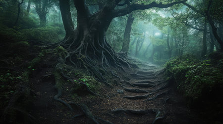 The enchanting beauty of a fairytale forest, with dense foliage, twisted roots, and a serene, otherworldly ambiance that invites exploration and imagination.の素材