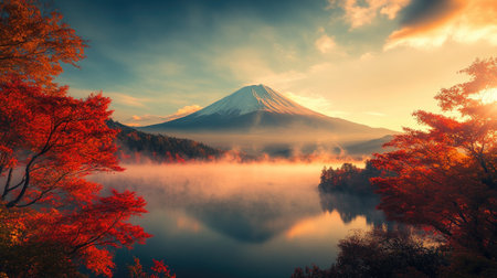 Mount Fuji rises majestically above a sea of red and orange leaves, with misty fog rolling over Lake Kawaguchiko. The colorful autumn scenery offers a serene, postcard-worthy imageの素材