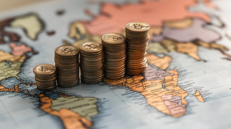 A stack of coins growing from different parts of the world map, symbolizing global business success.の素材