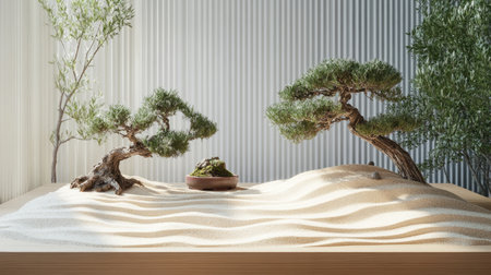 A serene scene with two bonsai trees, complemented by raked sand and natural elements, perfect for a peaceful, nature-inspired design.の素材