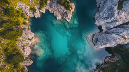The crystal-clear waters of Lago Antorno surrounded by the towering Alps peaks, viewed from above, capturing the tranquil and breathtaking scenery of the Dolomites.の素材