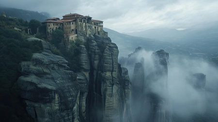 The ancient monasteries of Meteora, clinging to the edge of towering rock cliffs, enveloped in a mysterious atmosphere that highlights their otherworldly beauty.の素材