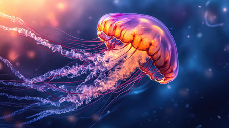 In the twilight sea, a brilliantly colored jellyfish glides effortlessly, its tentacles creating intricate patterns as it moves, showcasing the delicate and stunning artistry of nature.の素材