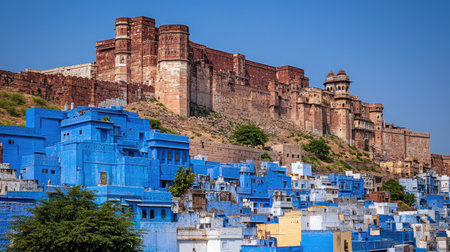 The imposing Mehrangarh Fort in Jodhpur, standing tall above the blue-painted houses of the city.の素材