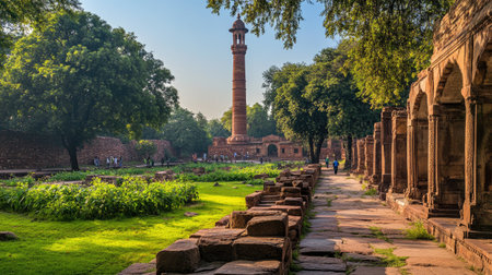 The architectural splendor of the Qutub Minar in Delhi, surrounded by lush green gardens and ancient ruins.の素材