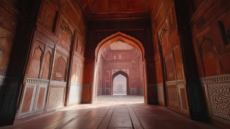 The grand architecture of the Red Fort in Delhi, highlighting its imposing walls and the blend of Mughal and Persian design.の素材