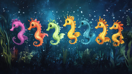 A group of cartoon seahorses swimming in a line, each one a different color, creating a lively underwater parade.の素材