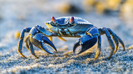 A close-up of a crab scuttling across the sandy beach, its claws ready to grasp any nearby food.の素材