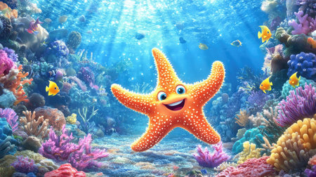 A happy cartoon starfish waving from the ocean floor, surrounded by colorful coral and friendly fish.の素材