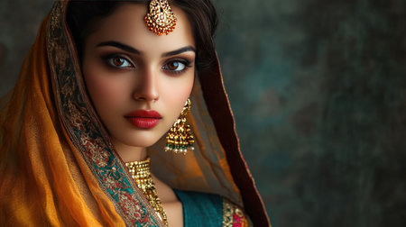 Studio image of an Indian woman in a multicolored sari and traditional jewelry, posed elegantly to highlight the cultural significance and beauty of her attire.の素材