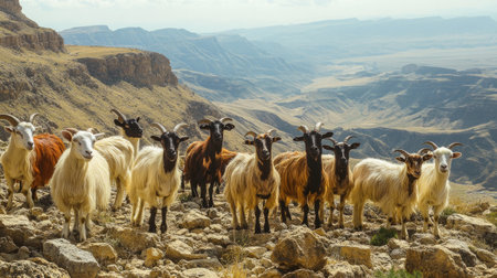A herd of goats standing on rocky terrain in a mountainous area, with the vast landscape stretching out behind them. The scene is natural and devoid of people.の素材