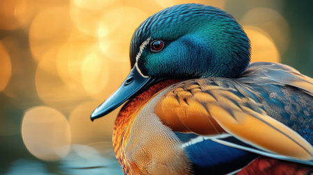A close-up of a duck's bill and feathers, showcasing the vibrant colors and intricate details of its plumage, with a pond softly blurred in the background. The image is serene and without people.の素材