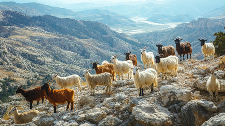 A herd of goats standing on rocky terrain in a mountainous area, with the vast landscape stretching out behind them. The scene is natural and devoid of people.の素材