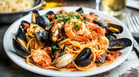 A beautifully presented plate of Italian seafood pasta, with mussels, clams, and shrimp.の素材