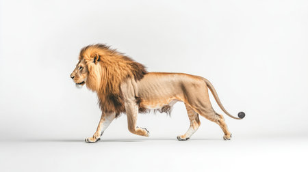 A lion walking gracefully on a white background, its body in motion with a focused and determined expression, highlighting its agility and strength.の素材