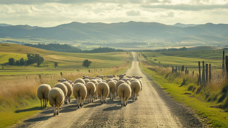 A herd of sheep walking down a rural dirt road, surrounded by open fields and distant hills. The scene is quiet and serene, with no people in sight.の素材