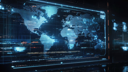 A futuristic interface displaying real-time global communication data.の素材