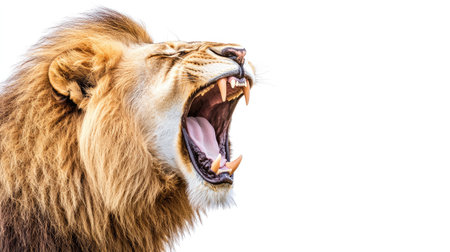 A lion mid-roar on a white background, mouth wide open, and teeth bared, capturing the raw power and intensity of the king of the jungle.の素材